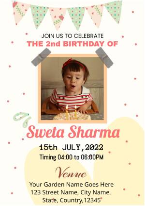 Birthday invitation for Sweta Sharma's 2nd birthday with a photo of a baby girl.