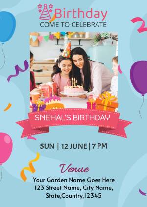 Birthday invitation with a girl blowing out candles on a cake