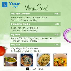 Menu card showcasing various vegetarian meal combos with prices.