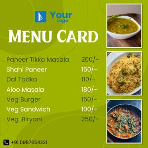 Restaurant menu showcasing Indian dishes with prices.