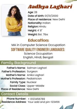 Profile card of Aadhya Laghari with personal details