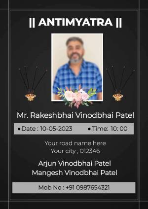 Memorial card for Mr. Rakeshbhai Vinodbhai Patel