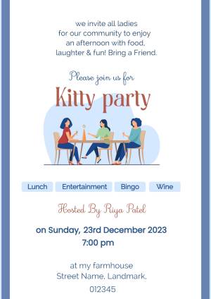 Invitation card for a Kitty Party with women enjoying food and games.
