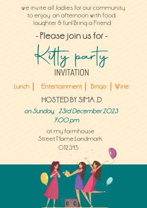 Invitation card for a ladies kitty party with illustration of women celebrating.