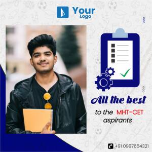 A young man holding books with a clipboard and gears, wishing luck to MHT-CET aspirants.