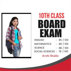 Image of a student's 10th class board exam result card with marks in English, Mathematics, Science, and Social Sciences.