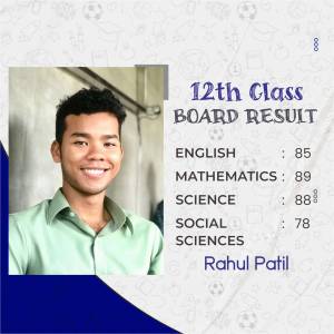 A student, Rahul Patil, with his 12th class board exam results displayed.