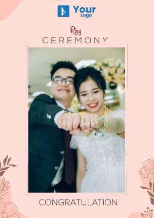 Couple showing wedding rings with celebratory text