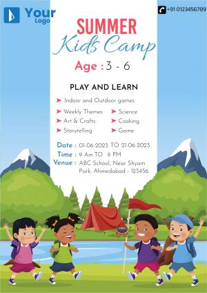 Flyer advertising a summer kids camp for ages 3-6 with details on activities, dates, and location.