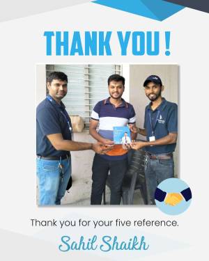 Three men exchanging a reference document with a thank you message.