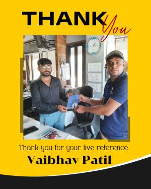 Two men exchanging a reference document in an office setting with a 'Thank You' message.