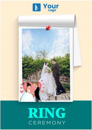 Wedding ring ceremony invitation with a couple's photo and heart decorations.