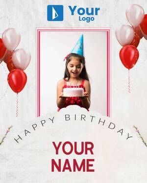 A young girl celebrating her birthday with a cake and balloons.