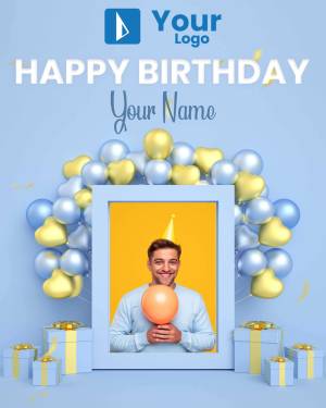 Birthday graphic with balloons, gifts, and a photo placeholder