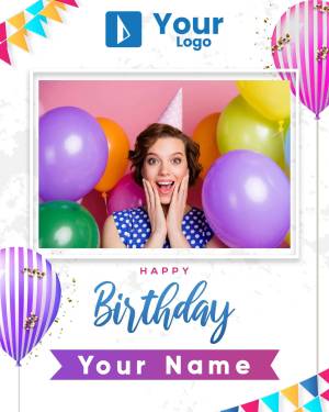 Woman surrounded by balloons in a birthday photo frame