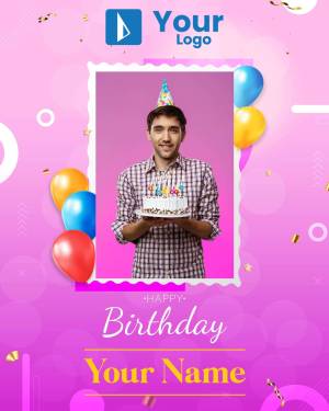 Man holding a birthday cake with balloons and confetti