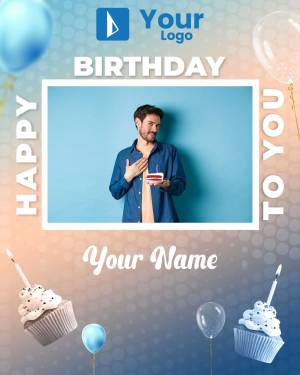 Birthday greeting card with a man holding a gift and space for a name and photo.