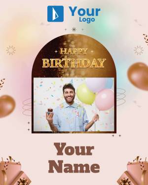 A birthday graphic with a person holding a cake and balloons.