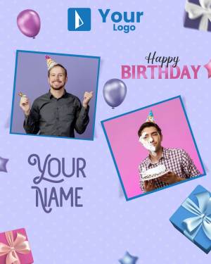 Birthday celebration graphic with photo placeholders and festive elements.
