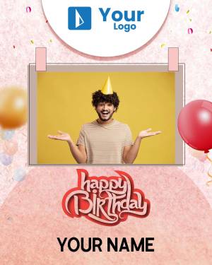 A birthday graphic with a man celebrating and balloons.