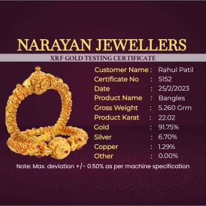 Gold bangle certificate with XRF testing results