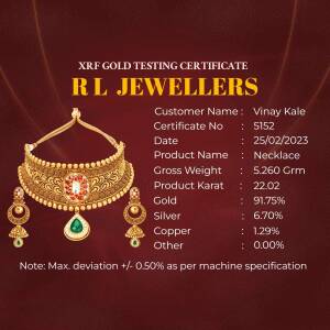 Gold necklace with XRF testing certificate details