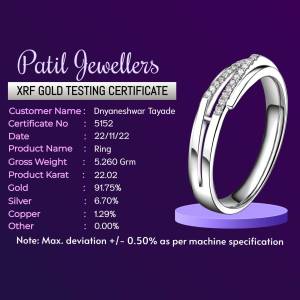 Silver ring with XRF gold testing certificate details