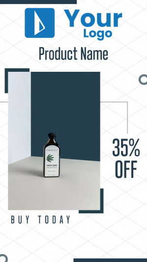 Image of a hemp seed oil bottle with a 35% off promotion.