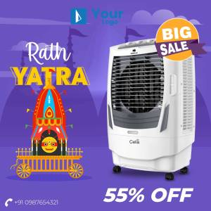 Rath Yatra sale advertisement featuring a cooler and a chariot