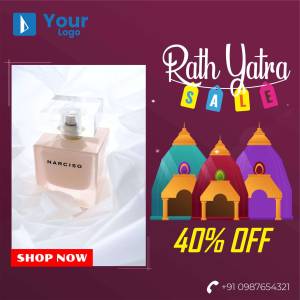Rath Yatra Sale advertisement featuring Narciso Rodriguez perfume and festive decorations.