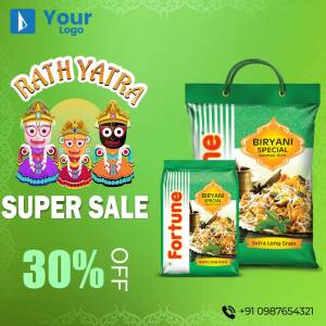 Promotional image for a 30% off sale on Biryani Special Rice during Rath Yatra