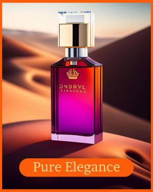 A bottle of Onbravo perfume with a gradient of red, orange, and purple, set against a desert background.