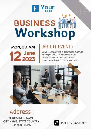 Flyer advertising a business workshop with date, time, and location details.