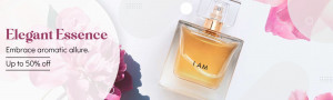 A promotional image featuring a perfume bottle with pink flower accents and text advertising a sale.