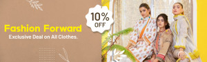Women wearing traditional Pakistani clothing with a 10% off sale banner.