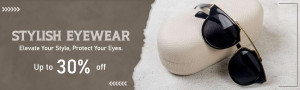 Stylish sunglasses on a textured surface with a promotional offer.