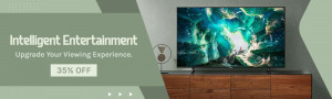 A promotional image featuring a smart TV displaying vibrant colors, with a discount offer.