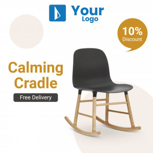 Modern black rocking chair with wooden legs and a 10% discount offer.