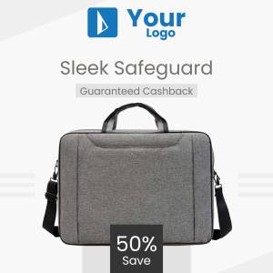 Gray laptop bag with a 50% off promotion.