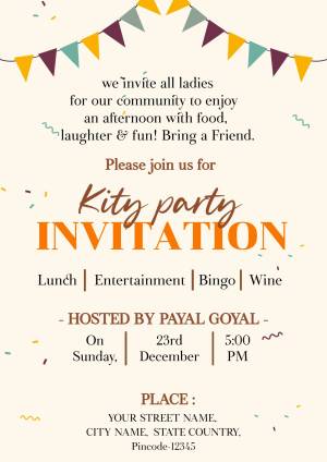Invitation card for a ladies kitty party with colorful bunting and festive decorations.