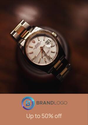 Close-up of a gold and silver Rolex Datejust watch on a brown surface with a promotional banner.