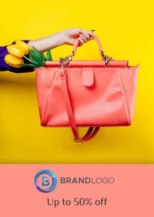 A woman's hand holding a coral-colored handbag with tulips, against a bright yellow background.