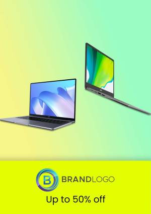 Two laptops displayed with a promotional offer for up to 50% off.