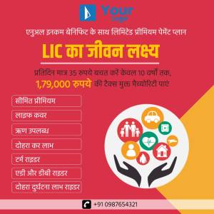 LIC Jeevan Lakshya premium plan advertisement with hands holding icons representing benefits.