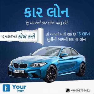 Advertisement for car loans featuring a blue BMW