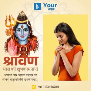 Image depicting Lord Shiva and a woman praying with Shravan Maas greetings.