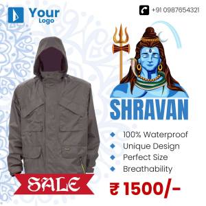 Image of a grey hooded jacket alongside a depiction of Lord Shiva, advertising a Shravan sale.
