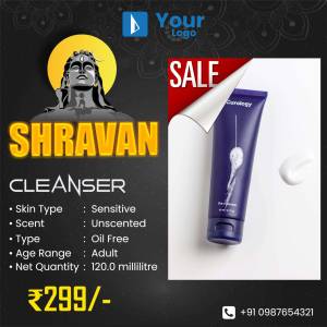 Advertisement for Shravan Cleanser with Lord Shiva imagery and sale promotion.
