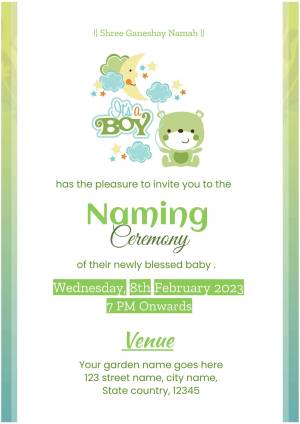 Baby boy naming ceremony invitation with a teddy bear and moon design.