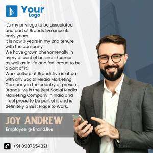 Joy Andrew, Brands.live employee, holding a phone and smiling.